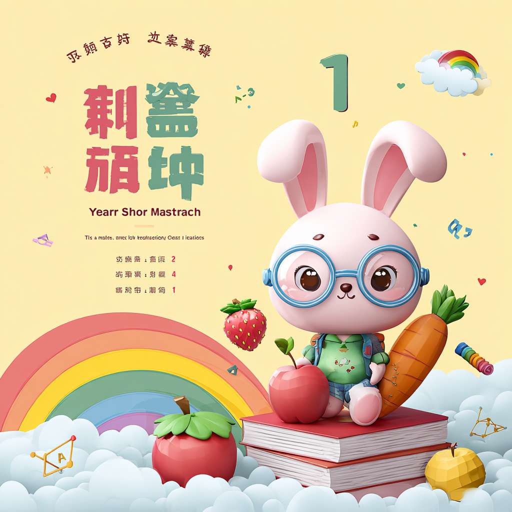 1. **顶层标题区**(参考图布局)
- 顶部居中:**立体云朵牌匾** 写中英文校名(参考图字体)
- 牌匾下方:**彩虹绸带**托起主标题 **“数果累累”**(圆润手绘字体,“数”字嵌入✨)
- 副标题:**“一年级数学练习册”**(字体略小,放在绸带末端)
2. **中央动态区**(核心创意)
- **主角:果果兔兔升级版**
- 戴眼镜的**卡通兔子**(参图角色延续)**怀抱巨大数学苹果**(苹果表面刻“+−×÷”符号)
- 兔子**坐在倾斜的“书本瀑布”顶端**,书本中涌出:
- **数学果实流**:数字形草莓(🍓=3)、几何葡萄串(🍇=球形+立方体)、算珠石榴籽
- **算式藤蔓**:绿叶缠绕成“2+3=5”等飘带
- **背景**:虚化的**金色麦田**(呼应丰收) + **果树剪影**(枝干自然弯曲成数字)
3. **底部信息区**(实用功能)
- **左侧**:**木质小课桌** 放作业本(封面写“姓名:______”,参考图样式)
- **右侧**:**竹篮**装满数学果实(篮身标签:“学习单元:______”) --ar 1:1 --v 7 --stylize 100 --fast --no 水印