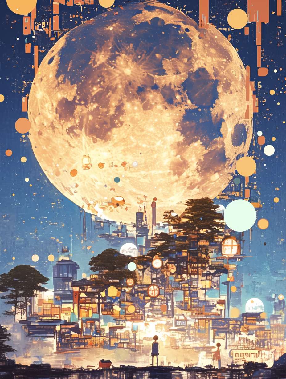 The background of the picture is a huge moon, and several children are playing with lanterns. The atmosphere is festive, and the moon is drawn with complex linear colored lines. The illustration is drawn with flat style colored lines, with red as the main color. It is an imaginative illustration, looking down from the sky,, 64K, --ar 3:4 --stylize 1000 --fast --niji 6