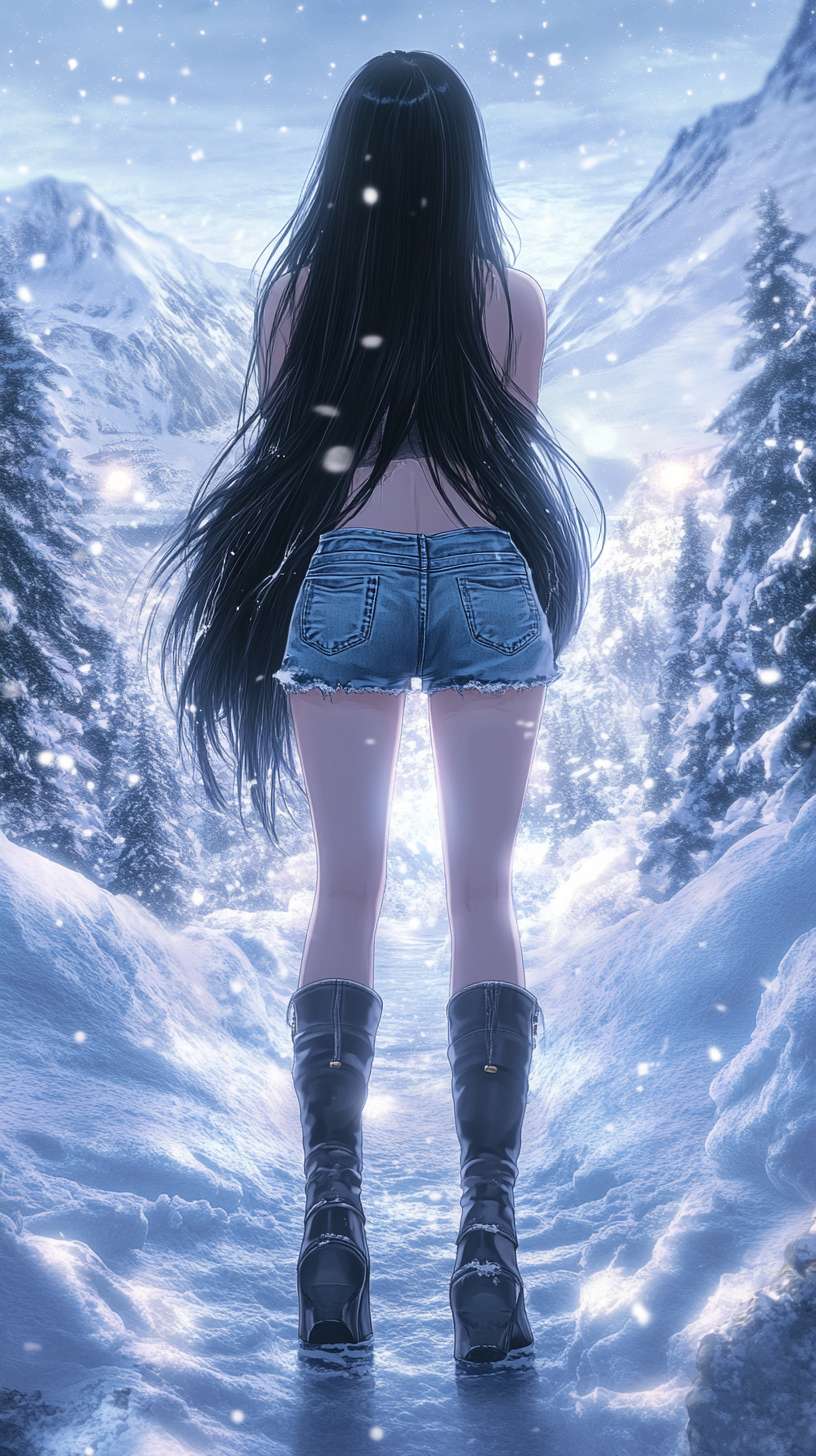 1个女孩，长发，黑发，牛仔短裤，长腿，长靴，冬天，雪，雪地，雪山，光线 --ar 9:16 --v 6.1 --stylize 100 --fast --no 水印,水印,水印,水印