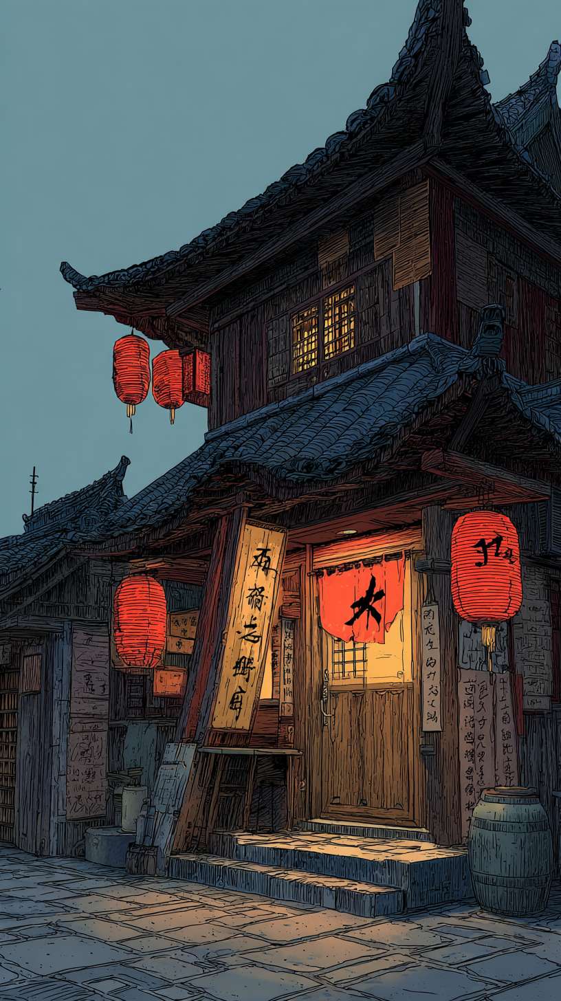 客栈-水墨风
构图:竖版近景,主体为两层木质客栈(临街门面),右侧屋檐延伸至画面外核心元素:- 客栈:斗拱结构(细墨线条)、木质门板(淡墨纹理)- 装饰:红色灯笼(3-4 个,挂于屋檐下)、酒旗(“XX 客栈” 毛笔字)- 地面:青石板路(淡墨横线条)
主色调:黄褐色(R160-180, G140-160, B110-130)辅助色:- 灯笼:朱红色(R180-200, G60-80, B60-80,饱和度≤60%)- 酒旗:米黄色(R190-200, G170-180, B140-150)统一适配:黄褐色明度与新手村灰蓝色保持一致,避免过暖刺眼
1. 客栈木质纹理笔触与武馆木人桩纹理一致2. 灯笼轮廓线条粗细与兵器架兵器线条一致3. 屋檐斗拱结构比例与新手村茅屋屋檐比例统一 --ar 9:16 --v 7 --stylize 100 --fast --no 水印