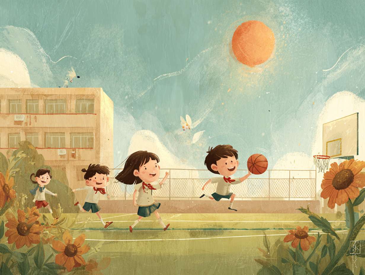 五年级·朝气如阳:
场景:夏日清晨的小学操场,阳光从画面左上斜射下来,形成金橙色的光束。
元素:
前景:3-4个五年级孩子在草坪上奔跑,扎马尾的女孩红领巾被风吹得飘成弧状,男孩抱着篮球跃起来,指尖碰到阳光;旁边有个蹲在地上的孩子,正用手指拨弄开得正艳的向日葵(花盘朝向太阳,花瓣上沾着微小的露珠)。
中景:绿色的塑胶跑道上,有孩子在跳跳绳(绳子模糊成浅粉的弧线),旁边的单杠上挂着校服外套,衣角随风动。
背景:淡蓝色的天空飘着像棉花糖的白云,云边被阳光染成橘红;远处的教学楼墙面是浅黄,窗户反射着光,隐约能看到走廊里的绿植。
色彩:主色调是暖黄(阳光)、草绿(草坪)、浅蓝(天空),点缀橙红(红领巾、向日葵花瓣)、粉白(跳绳、云朵)。
光影:所有物体都有短而清晰的影子(因为上午的阳光不烈),草叶上的露珠反射小光斑,向日葵花盘有明暗对比。
留白:画面下方1/3是平整的草坪(浅绿渐变到深绿),或天空的白云之间,适合放文字。 --ar 4:3 --v 7 --stylize 100 --fast --no 水印