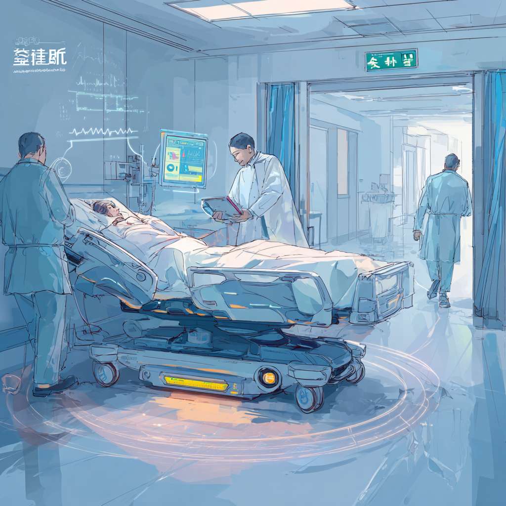 现代医院手术室走廊场景，科技感，浅蓝色调，整洁明亮。一名患者躺在智能移动床上，床体配备激光雷达和传感器，正在自动导航。床位配有平板显示频显示患者生命体征和路径规划图，一名护士手持平板电脑远程监控。移动床正在避开一名路过的医生。背景指示牌，显示“手术室”。风格写实，细节精致，光线柔和，有医疗科技感。 --ar 1:1 --v 7 --stylize 100 --fast --no 水印