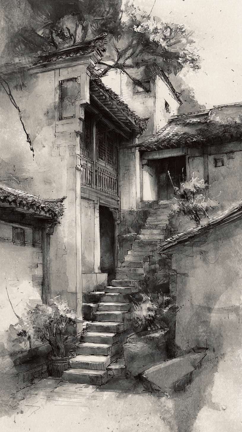 给我一张客栈，黑白水墨风，游戏背景，不需要文字 --ar 9:16 --v 7 --stylize 100 --fast --no 水印