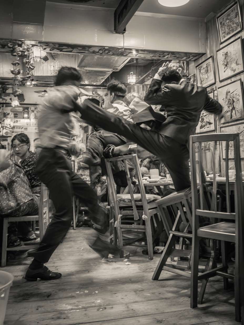 宋代餐馆内恶霸吃霸王餐场景，彪悍的食客拒绝付账，店小二试图阻拦但被推开，桌椅翻倒，其他食客惊讶观望，戏剧性构图，深色调 --ar 3:4 --v 7 --stylize 100 --fast --no 水印
