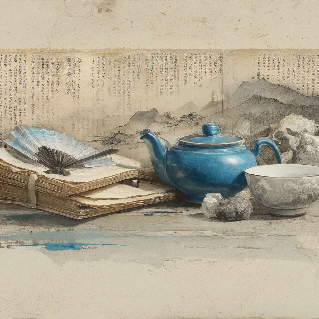 Horizontal layout, left side: faded ancient Chinese book pages, below it a teapot, Tai Chi fan, and blue-white porcelain bowl, soft beige and cyan colors, light ink-wash mountains at bottom, traditional Chinese style, 1200x600 pixels" --ar 1:1 --v 7 --stylize 100 --fast