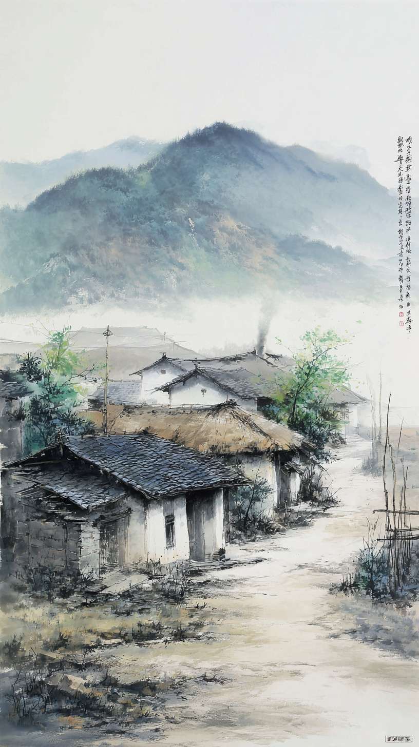 新手村-水墨风
750x1334px
构图:竖版全景,下方 2/3 为村落(3-4 间茅屋、竹篱笆、石板路),上方 1/3 为远山(层峦叠嶂)核心元素:- 茅屋:稻草屋顶(焦墨点画)、竹木结构(淡墨线条)- 炊烟:淡墨留白,呈 “S” 形飘散- 点缀:村口老槐树(浓墨枝干、淡墨树叶)、田埂小路
主色调:灰蓝色(R150-170, G160-180, B180-200)辅助色:- 屋顶稻草:暖灰色(R160-170, G150-160, B130-140)- 树叶:淡绿色(R140-150, G160-170, B130-140)统一适配:灰蓝色与其他场景主色调明度对齐(保持 30%-85% 区间)
1. 炊烟用 “淡墨晕染 + 留白” 技法,与竹林的薄雾笔触一致2. 茅屋线条粗细与武馆的木架线条保持统一3. 远山墨色层次与山间小路的云海层次一致
笔触参考:传统水墨画《富春山居图》(线条粗细变化、墨色层次)
色彩参考:游戏《仙剑奇侠传七》水墨风场景(淡雅色调、统一明度)
元素参考:动画《雾山五行》背景(竹林、山间场景的水墨质感) --ar 9:16 --v 7 --stylize 100 --fast --no 水印