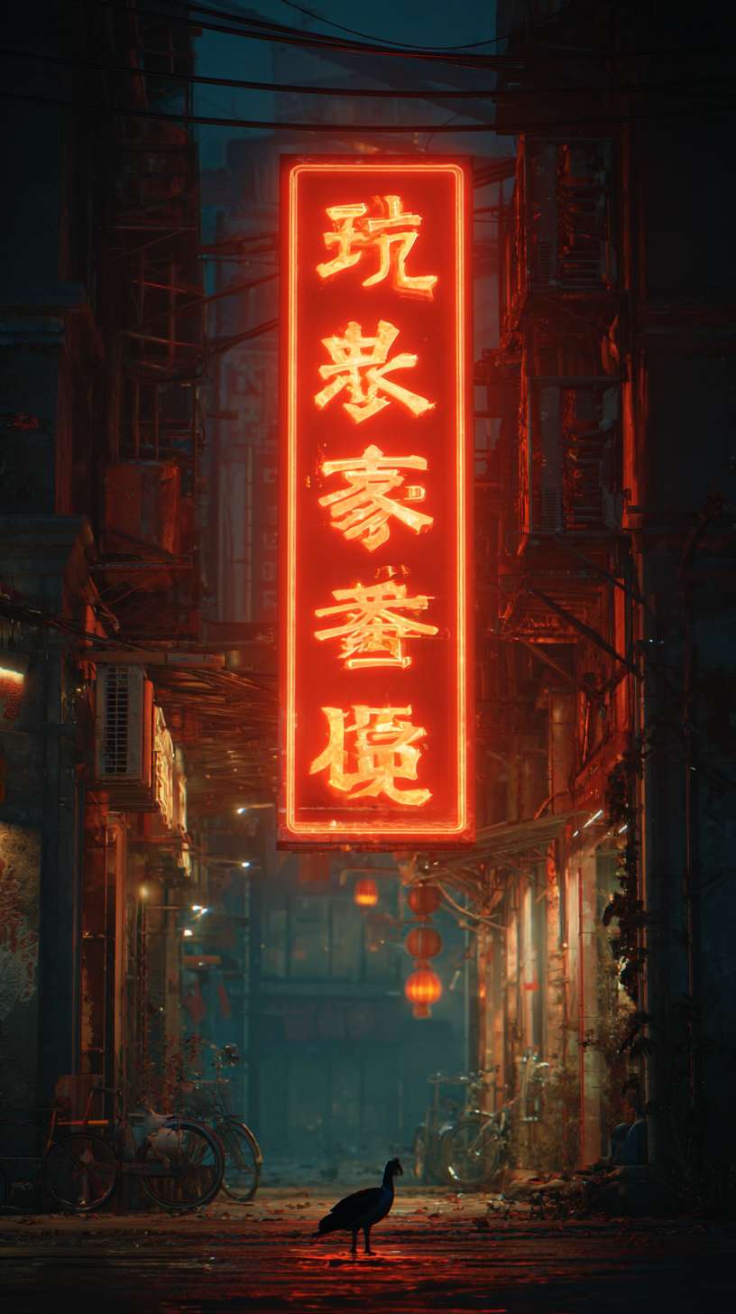 核心创意： 标题是一个发光的霓虹灯牌，是画面内的实际元素，也是光源。

标题设计： 明亮的红色霓虹灯，为整个场景（鸭子、街道）提供照明，营造出强烈的故事感和氛围。

整体氛围： 电影感、怀旧、温暖，仿佛在讲述一个老北京的故事。 --ar 9:16 --v 7 --stylize 100 --fast --no 水印