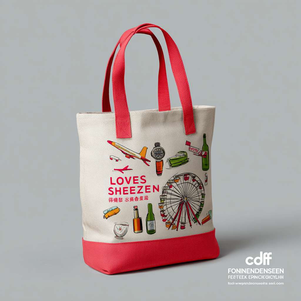 A realistic 3D rendering of a fashionable tote bag in use. The bag is made of off-white canvas fabric with vibrant red handles. The front side clearly shows the modern, colorful illustration of cosmetics, liquor bottle, watch, and city icons (airplane, ship, ferris wheel) with the text "LOVES SHENZHEN". The back shows the simple "cdf会员购" logo. The bag is photographed in a well-lit urban setting, showcasing its texture, style, and youthful, vibrant vibe. Professional product photography, high detai --ar 1:1 --v 7 --stylize 100 --fast --no 水印