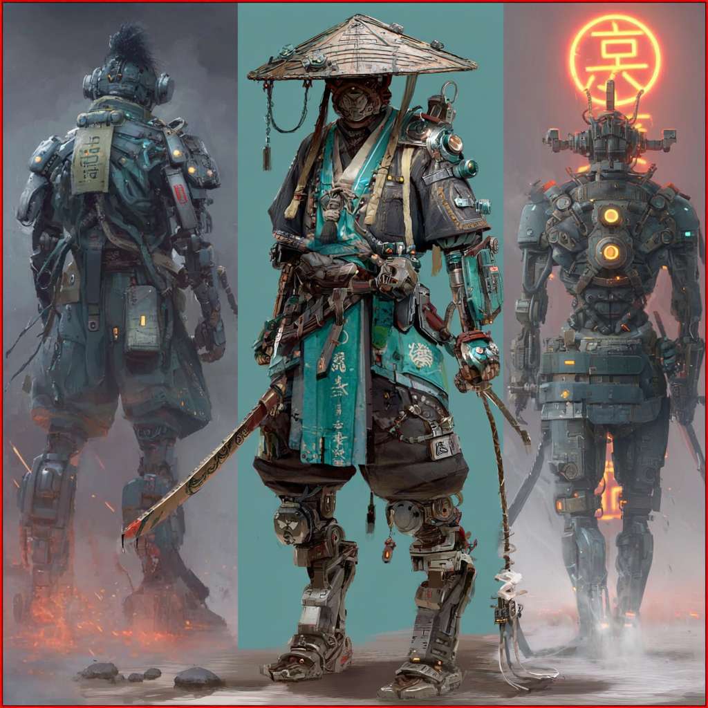 	《莲火重燃》风格 + 场景类型（如赛博茶馆、机械战场）+ 镜头角度 + 角色动作（如主角觉醒时的肢体变化）” 等描述词，再通过 PS 等工具人工调整（添加标注、优化机械细节与神话元素的融合度）， --ar 1:1 --v 7 --stylize 100 --fast --no 水印