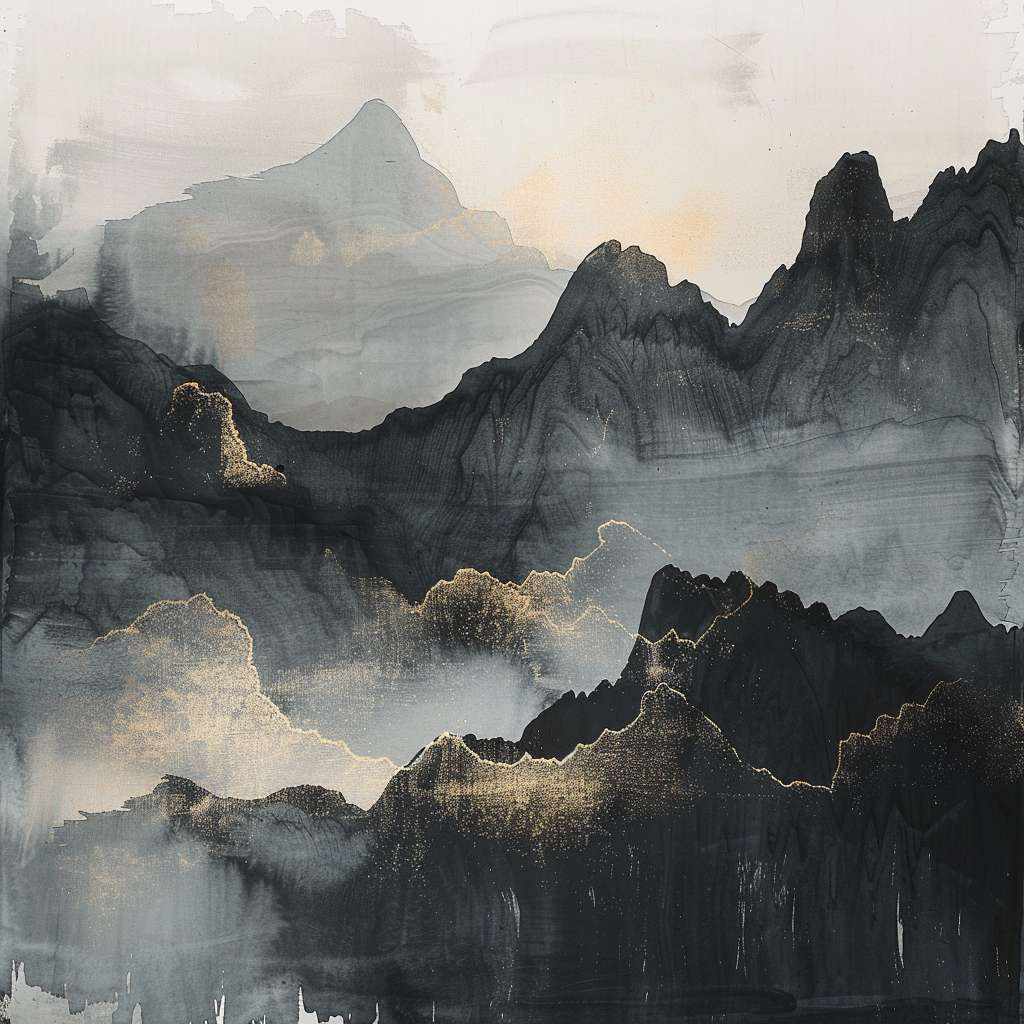 Abstract interpretation of Taoist mountain silhouette 
using gradient ink wash textures, 
faint golden thread weaving through, 
no text, modern Zen aesthetic --ar 1:1 --v 6 --stylize 100 --fast