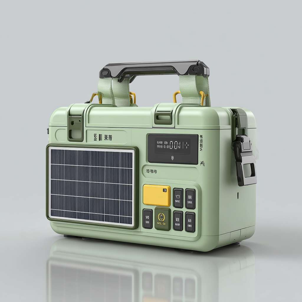 柔性太阳能板，柔软，太阳能板面积更大，与背包为”⾦属卡扣 + 磁吸双重固定“，太阳能板附带小屏幕显示电量，外有多个充电插口，应急灯，不要文字 --ar 1:1 --v 7 --stylize 100 --fast --no 水印