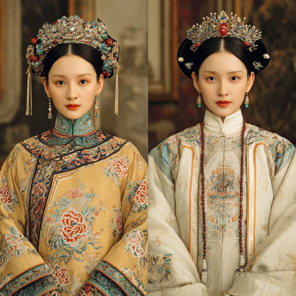 凤冠霞披，古装发髻，白色内衣女生 --ar 1:1 --v 7 --stylize 100 --fast --no 水印