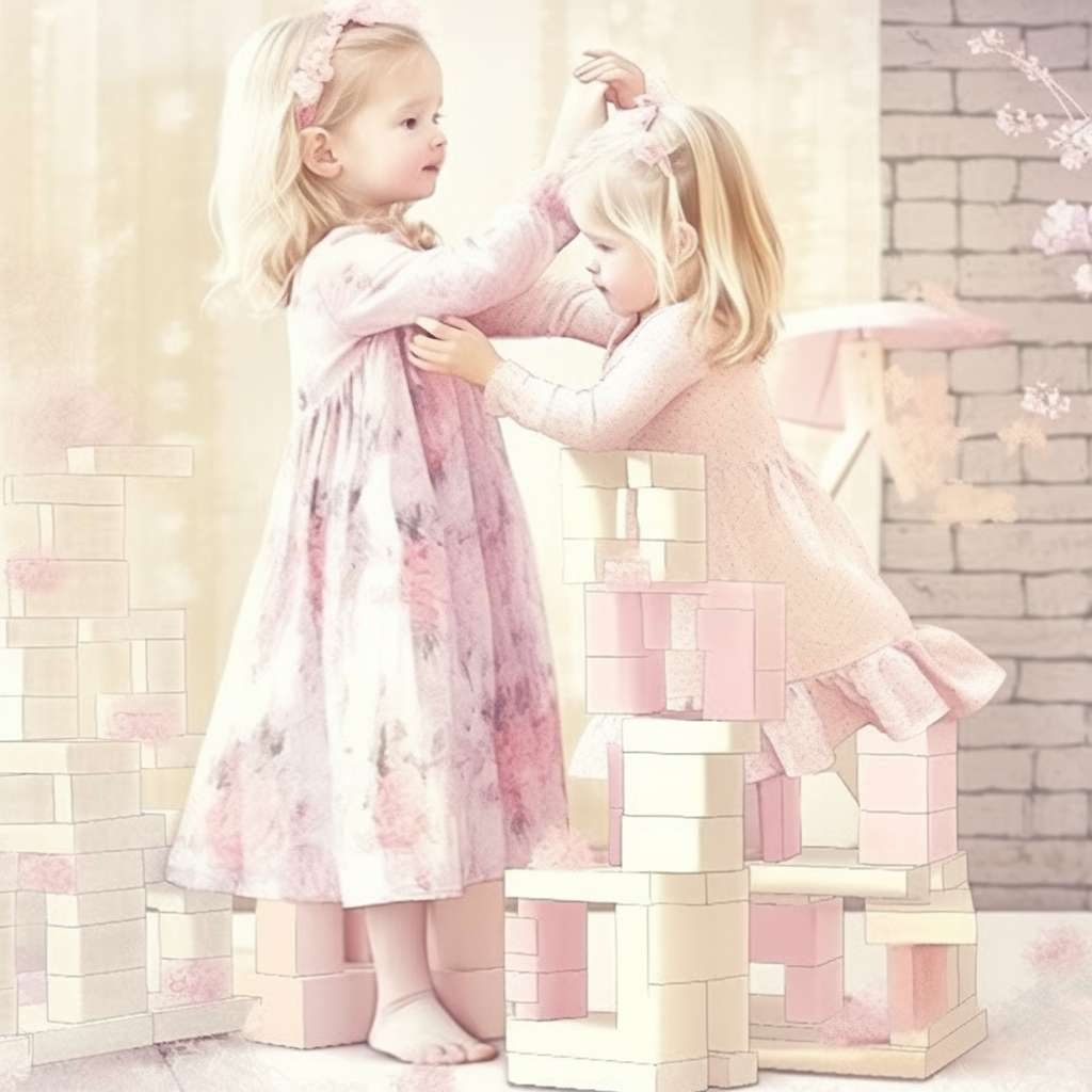 A 3-year-old girl in a floral dress teaching her 1-year-old sister to build a castle with blocks, soft pastel colors, warm family atmosphere, detailed facial expressions --ar 1:1 --style cute --stylize 100 --fast --niji 5