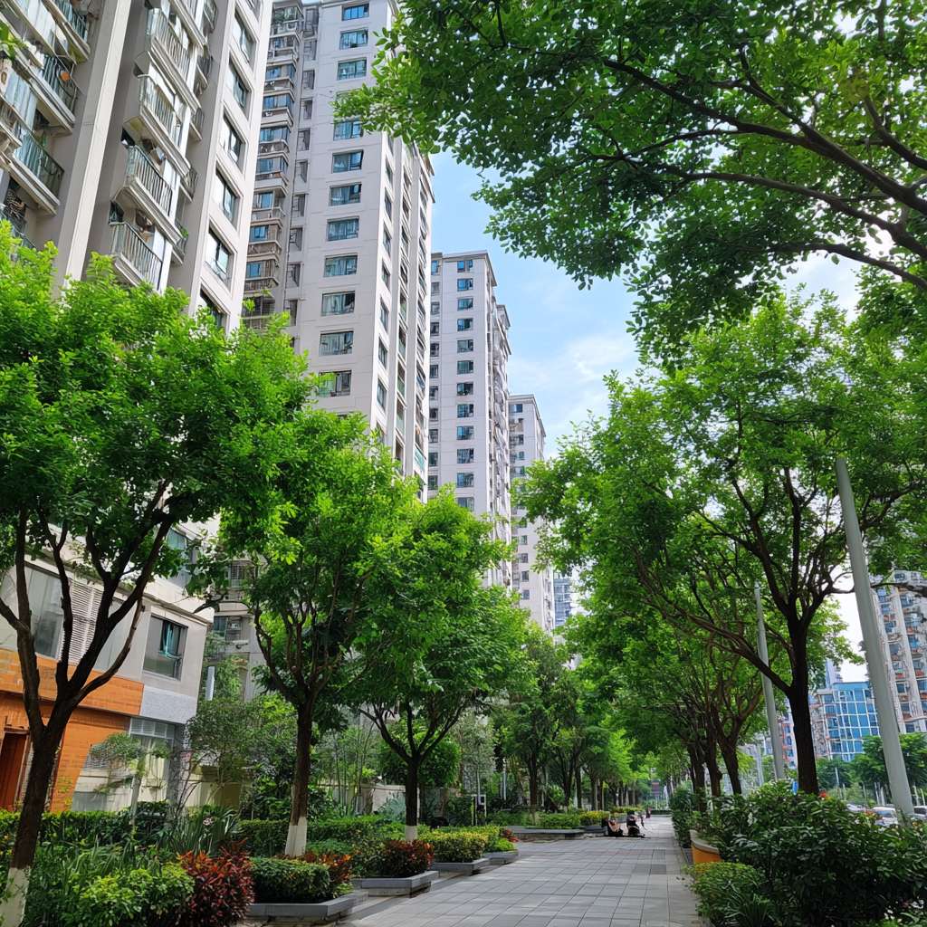 画面是充满生机的城市绿化景观：郁郁葱葱的行道树、小区内的绿荫、市民在树下休憩。 --ar 1:1 --v 7 --stylize 100 --fast --no 水印