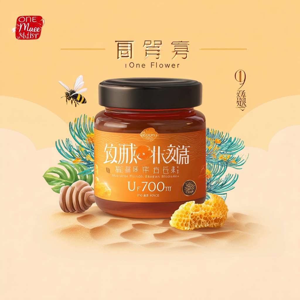 https://img-xpc-mj0.xpccdn.com/prod/upload/89e656d8-30c8-4747-903b-98bdc957dbb3/main_1700537192757_533L.jpg~tplv-5yakomv5zn-auto-v1%3A1024%3A0%3Aq75.jpg 以图中蜂蜜为主题，设计一张商品宣传海报，背景暖色调，场景为自然环境，体现“UAF700+”，主标题为“OneFlower澳洲药树蜂蜜” --ar 1:1 --v 7 --stylize 100 --fast --iw 1 --no 水印