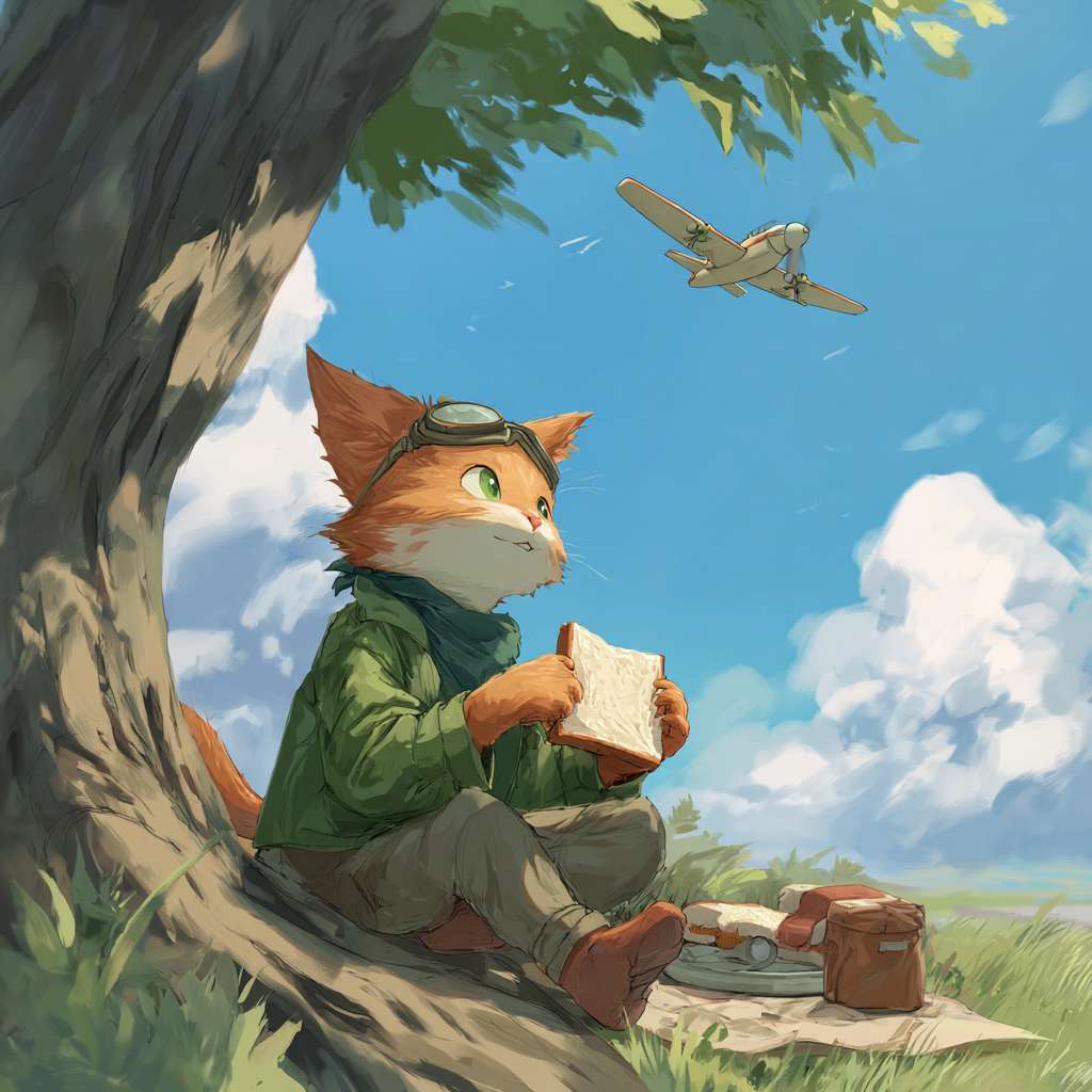动漫风，天空很晴朗，一只橘猫在大树下做三明治，橘猫穿着绿夹克 --ar 1:1 --v 7 --stylize 100 --fast --no 水印
