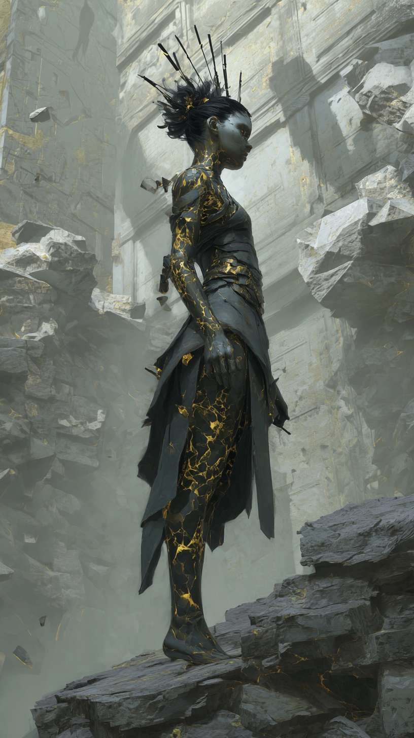 Full-body shot of a dark entity standing atop fractured stone monoliths in a derelict sanctuary, East Asian figure with spectral pale skin etched with luminous amber fractures. Severely angled black hairstyle pinned by metallic spikes, smokey graphite eyeshad --ar 9:16 --v 7 --stylize 100 --fast