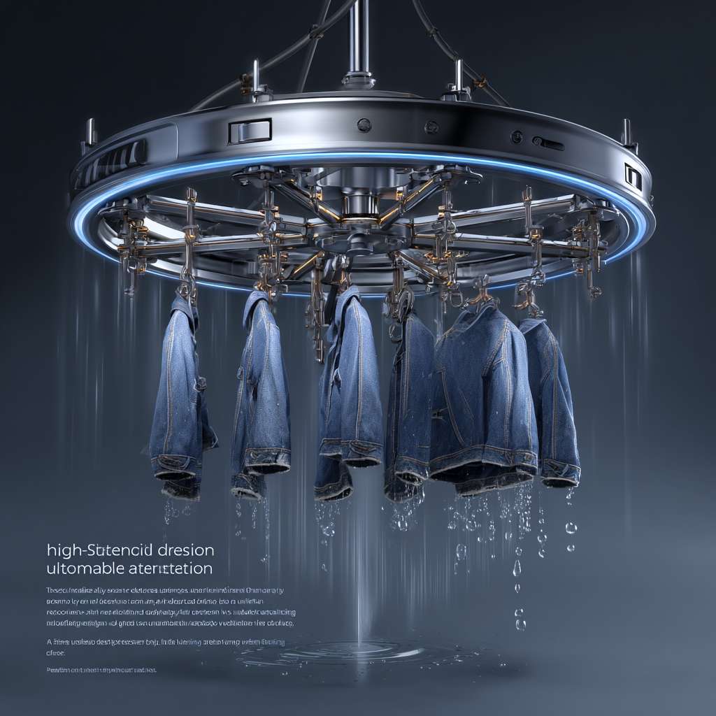 "High-tech rotating clothes rack with built-in UV sterilization, stainless steel ring with 5 adjustable arms, realistic water droplets on blue jeans, dynamic motion blur showing slow rotation, dark gray background with blue LED accent lighting, futuristic home appliance style, hyper-detailed 3D render" --ar 1:1 --v 7 --stylize 100 --fast