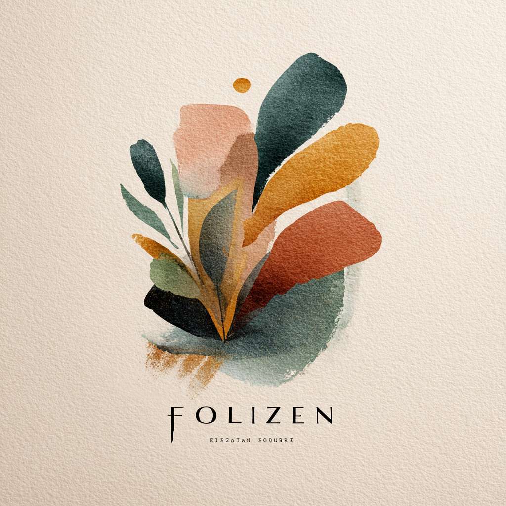 Abstract botanical symbol above "FOLIZEN", composed of 3 fluid strokes representing leaf/growth/zen, terracotta and eucalyptus color palette, modern calligraphy subtitle for tagline, textured paper background --ar 1:1 --v 7 --style raw --stylize 100 --fast