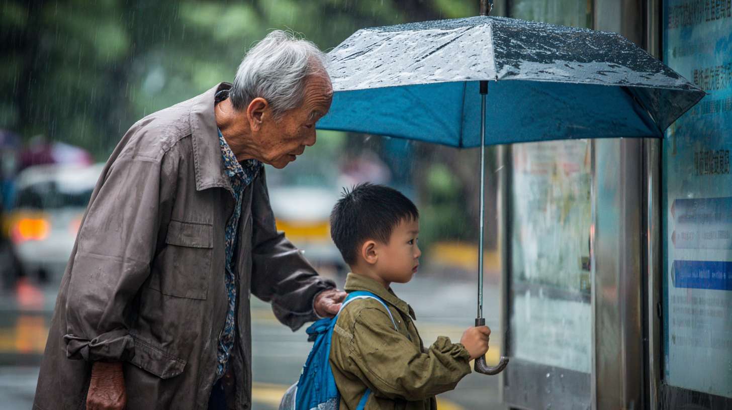 2. 白发老人、放学小男孩
• 地点：午后雨天的公交站台
• 事件：白发老人撑着小伞，伞沿倾斜护住身边背书包的小男孩，两人并肩站在雨棚下，老人不时调整伞的角度，小男孩偷偷把伞往老人那边推。 --ar 16:9 --v 7 --stylize 100 --fast --no 水印
