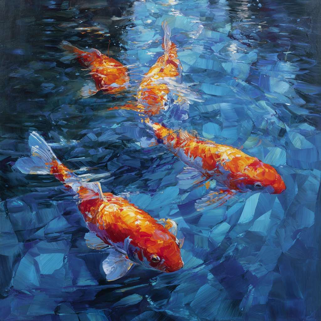 Dreamlike blue water with fractured light patterns and koi in motion, expressive brushwork capturing life and light, oil. --ar 1:1 --v 7 --stylize 100 --fast