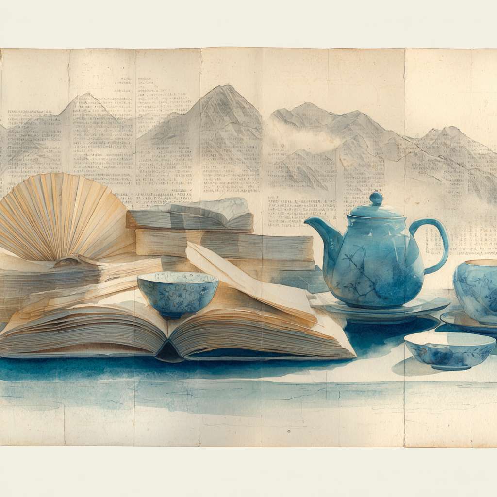 Horizontal layout, left side: faded ancient Chinese book pages, below it a teapot, Tai Chi fan, and blue-white porcelain bowl, soft beige and cyan colors, light ink-wash mountains at bottom, traditional Chinese style, 1200x600 pixels" --ar 1:1 --v 7 --stylize 100 --fast