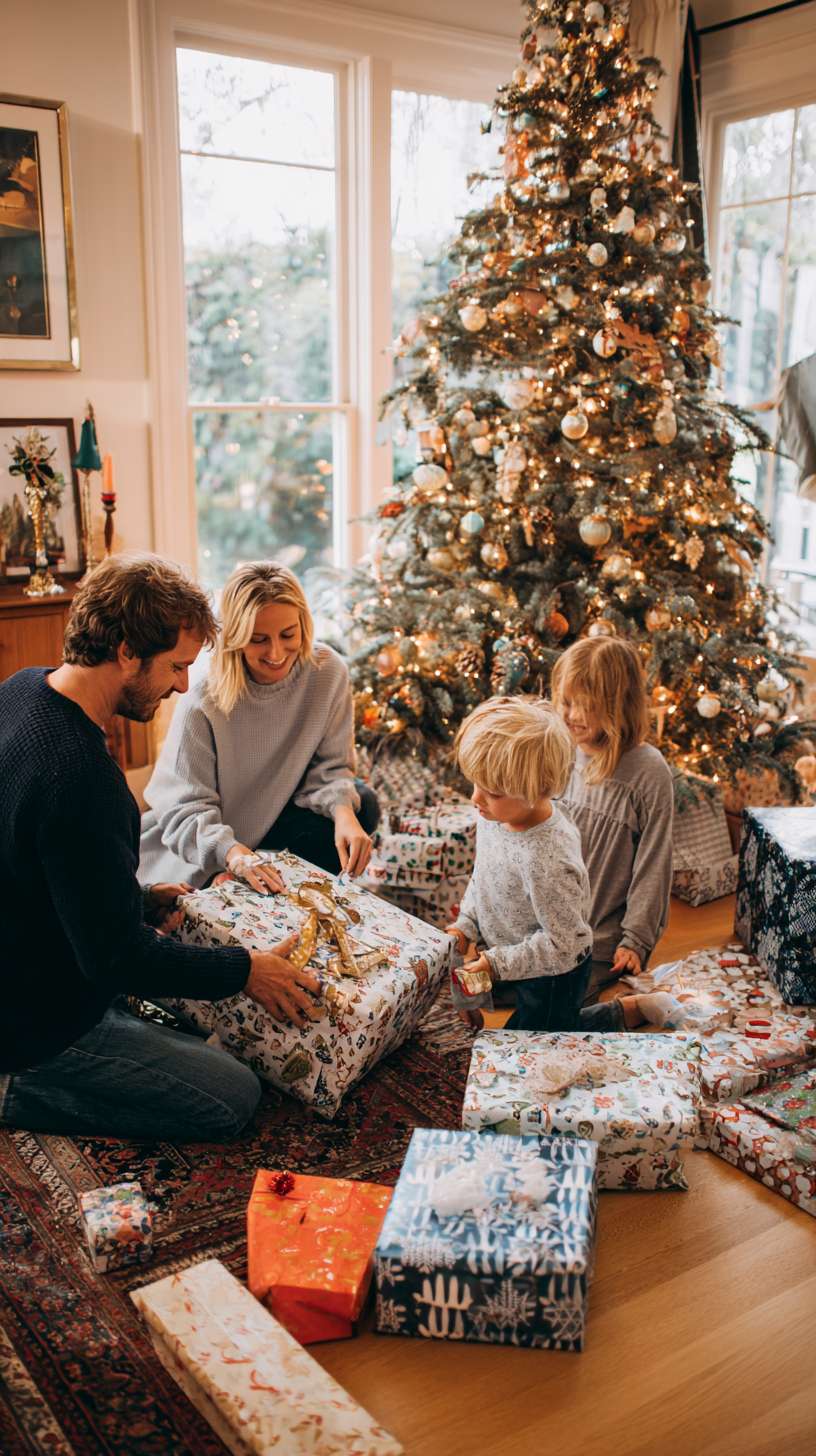 5圣诞树亮灯，地毯上堆着彩色礼物盒，爸爸递礼物给孩子，妈妈举着相机拍照，镜头环绕拍摄，温馨氛围欧美家庭 --ar 9:16 --v 7 --stylize 100 --fast --no 水印