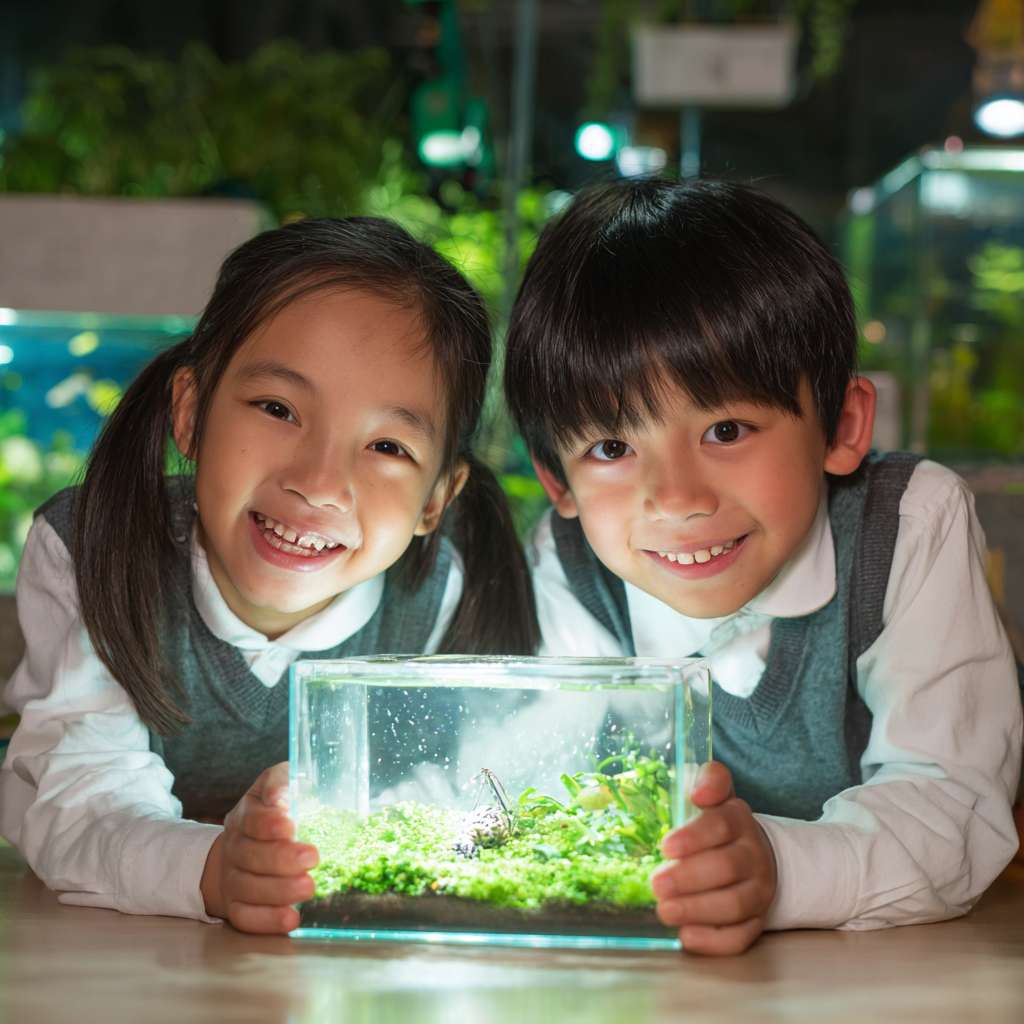 有2位穿著校服的華人小學生開心的表情雙手托起一個螢火蟲的正方體透明小盒子，盒子內的螢火蟲在青苔上發光 --ar 1:1 --v 7 --stylize 100 --fast --no 水印