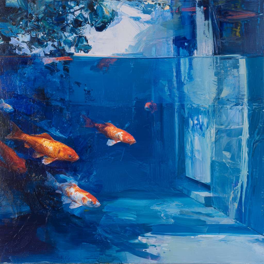 Surreal blue aquarium with koi and refracted light, bold strokes for water, delicate strokes for fish, abstract energy. --ar 1:1 --v 7 --stylize 100 --fast