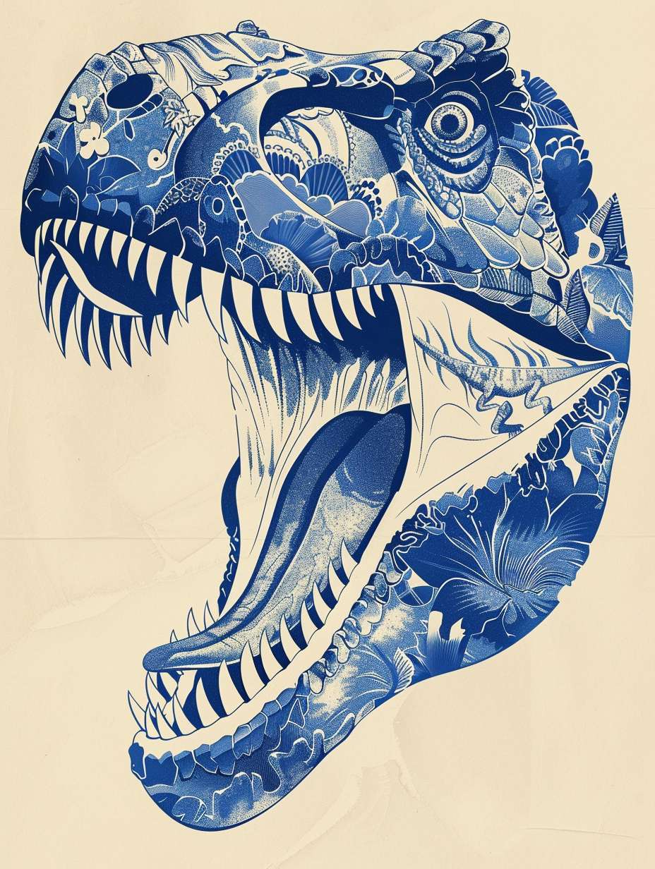 Flat geometric illustration of Tyrannosaurus Rex with clumsy expression, Chinese blue-and-white porcelain patterns, interactive tear-away coffee ground layers revealing fossil bones, museum-approved RGB 208/174/116 palette, matte kraft paper texture --ar 3:4 --v 6 --style raw --stylize 100 --fast