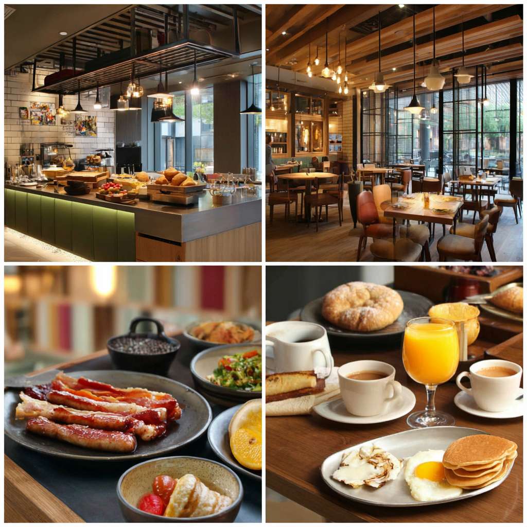 帮我设计五张真实汉庭酒店餐厅早餐高清宣传实拍照片 --ar 1:1 --v 7 --stylize 100 --fast --no 水印