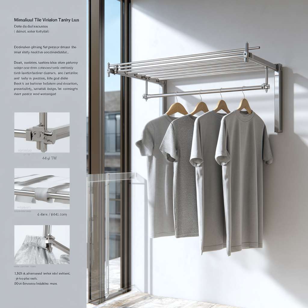 "Minimalist titanium clothes drying rack, double-layer design with retractable arms, wet T-shirts hanging under sunlight, modern balcony setting with floor-to-ceiling windows, matte metal texture with smooth joints, folded state showing 8cm thickness against white wall, photorealistic product photography, soft shadows, 4K detail" --ar 1:1 --v 7 --stylize 100 --fast