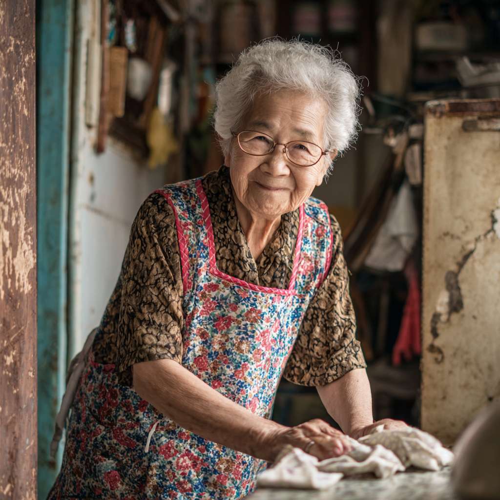 奶奶系着围裙从屋里走出，脸上是慈祥的笑容，在围裙上擦了擦手，向多多走去 --ar 1:1 --v 7 --stylize 100 --fast --no 水印