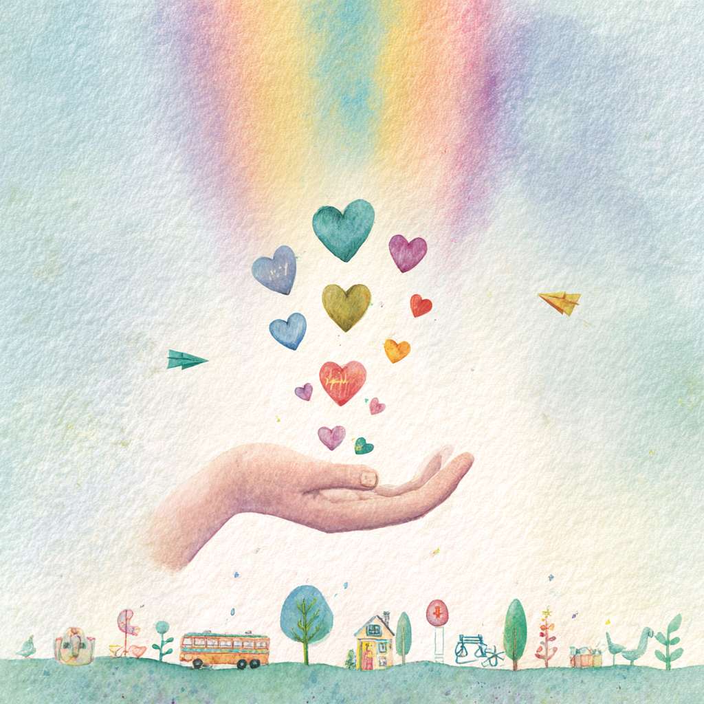 Chinese welfare lottery poster, A4 vertical, no text at all, picture-book watercolor style, soft pastel blue to white gradient background, big gentle hand center holding 7 small heart-shaped seeds in rainbow colors, seeds flying up forming a light rainbow arc, 7 childlike crayon sunshine rays from top, bottom green sprout line with 5 simple icons (crutch, book, house, heartbeat, tree), tiny paper plane at rainbow end, bright and hopeful, high-res 300 dpi, no money symbols, clean space for logo” --ar 1:1 --v 7 --stylize 100 --fast