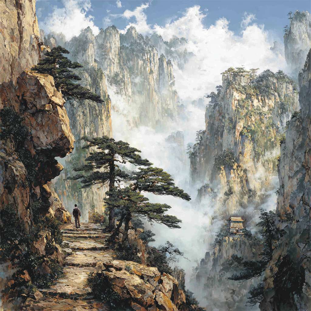 金庸武侠世界中，笑傲江湖的华山派场景 --ar 1:1 --v 7 --stylize 100 --fast --no 水印