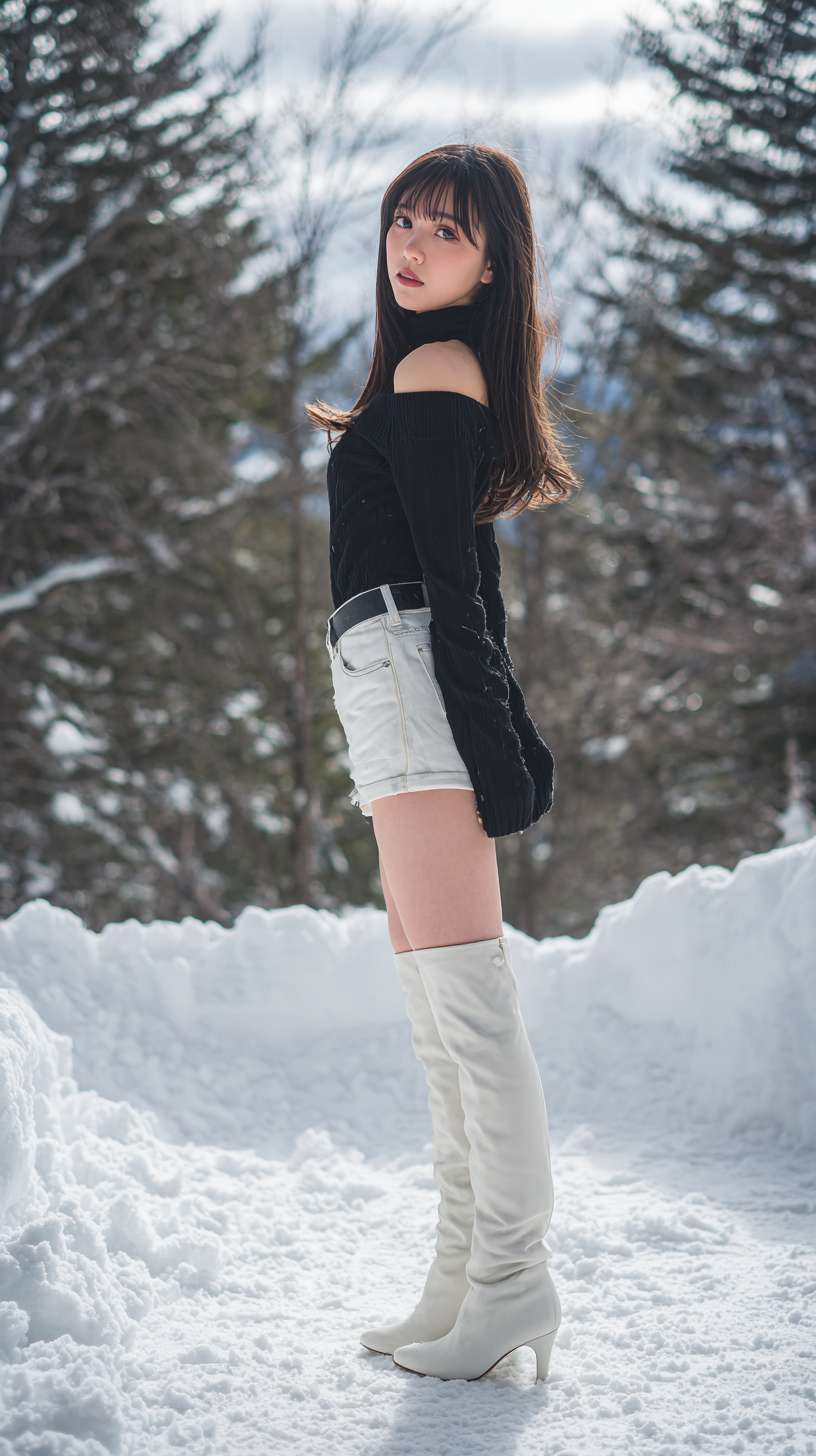 1个女孩，长发，黑发，牛仔短裤，长腿，高跟鞋，冬天，雪，雪地，雪山，光线 --ar 9:16 --v 7 --stylize 100 --fast --no 水印,水印,水印,水印