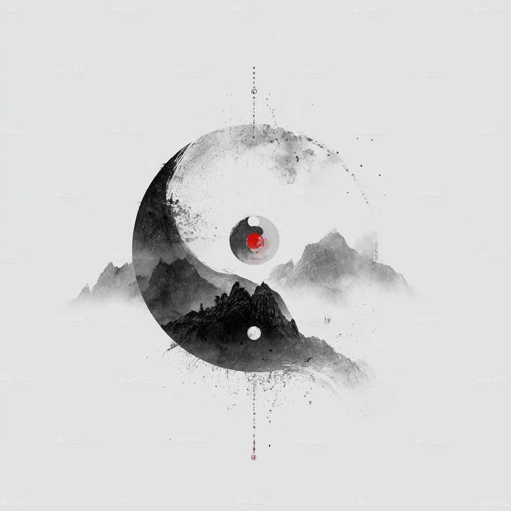 "Circular logo, Chinese ink-wash Tai Chi symbol in black and white, surrounded by faint misty mountain silhouettes, a single red dot in the center, pure white background, Zen style, minimalistic, no text, no watermark, high resolution, vector art" --ar 1:1 --v 7 --stylize 100 --fast