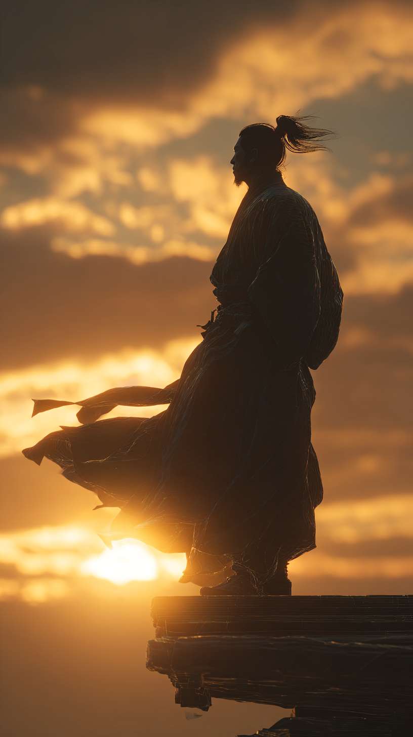 AI画面关键词:
medium shot of an ancient Chinese poet silhouette standing on a tower, looking into the distance, wind blowing his robe and hair, backlit by the setting sun, deep in thought, photorealistic, cinematic lighting, hologram effect --ar 9:16 --v 7 --stylize 100 --fast --no 水印