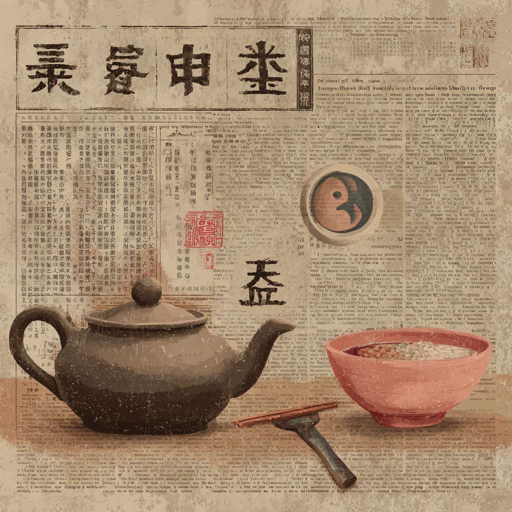 "Horizontal layout, faded ancient book texture as background, centered row of objects: teapot, ink brush, Tai Chi symbol, bowl of porridge, soft brown and pink tones, Chinese lifestyle, text '以古法,养今身' at bottom, 1200x600 pixels" --ar 1:1 --v 7 --stylize 100 --fast --no 水印