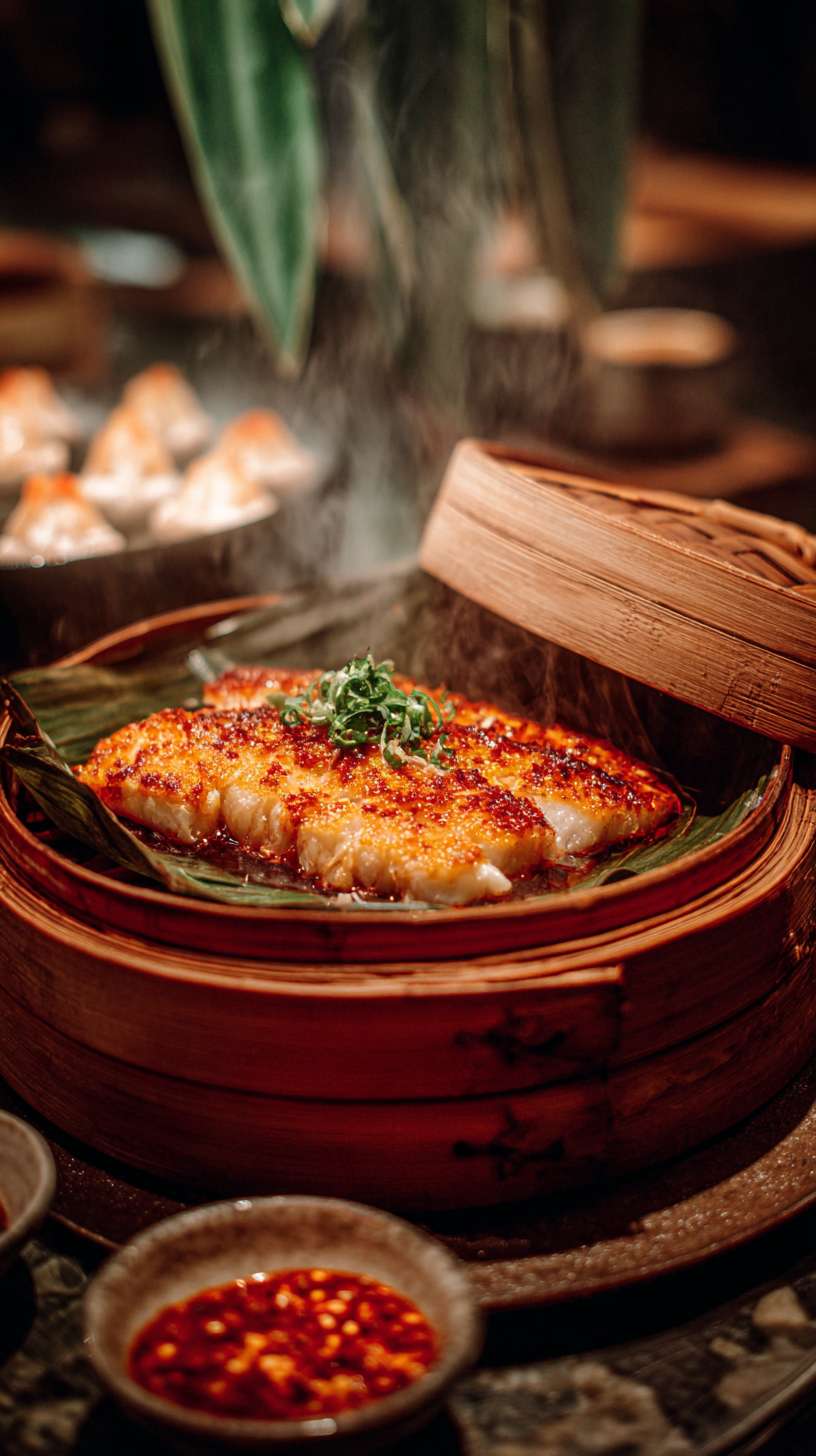 芭蕉叶烤鱼，打开热气腾腾的芭蕉叶，看见一条包裹着作料的鱼冒着热气，滋啦滋啦的声音下，看到若隐若现的雪白的鱼肉，看上去就非常有食欲，旁边还摆放着版纳特制口味的蘸料，隔着屏幕都溢出了鱼肉鲜甜 --ar 9:16 --v 7 --stylize 100 --fast --no 水印