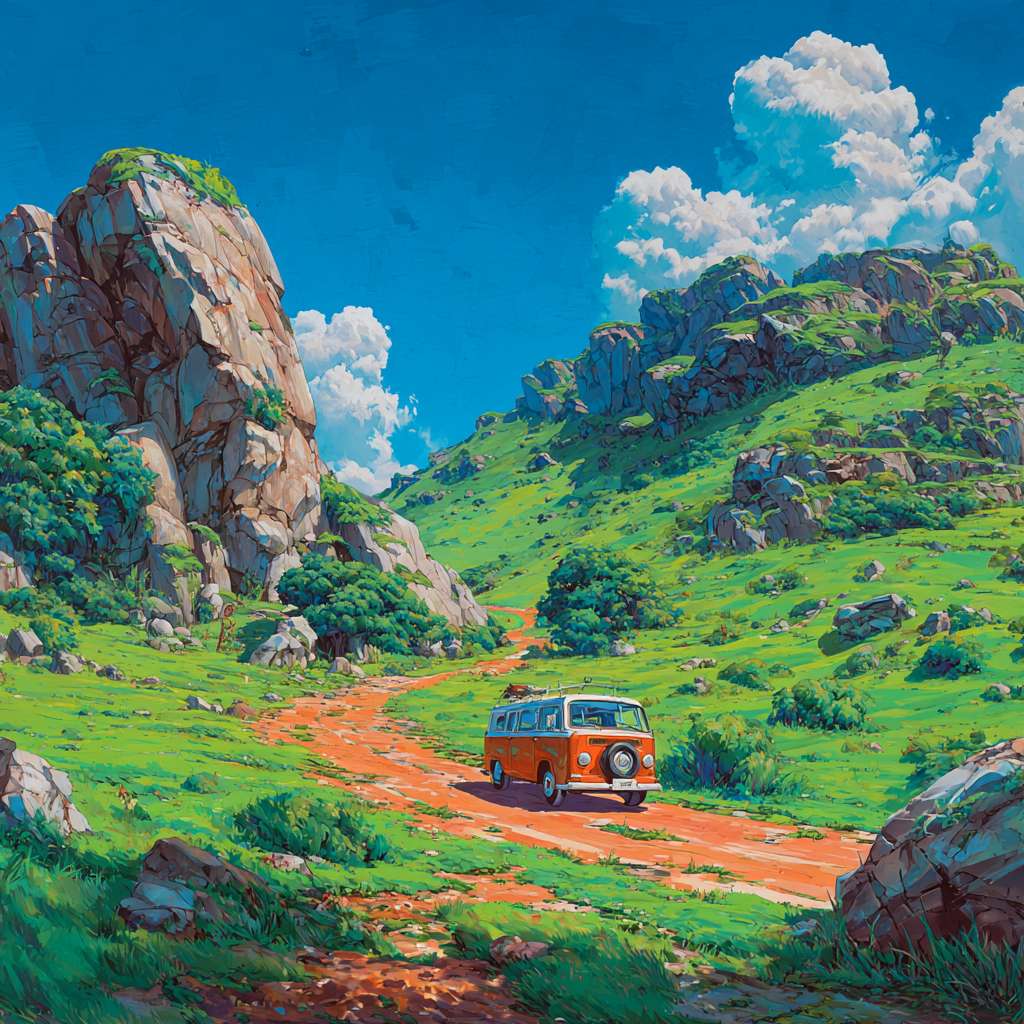 乡间小路，汽车行驶 --ar 1:1 --v 7 --stylize 100 --fast --no 水印