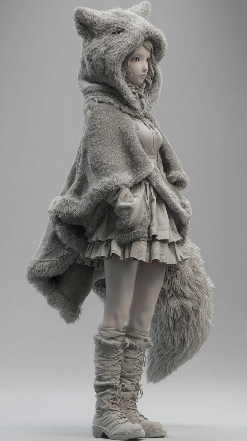 3d,Full-length character drawing,A girl with a wolf skin hood --ar 9:16 --v 7 --stylize 100 --fast