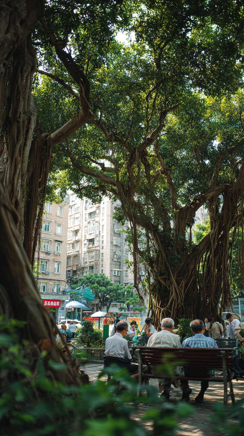 市民在树下休憩 --ar 9:16 --v 7 --stylize 100 --fast --no 水印