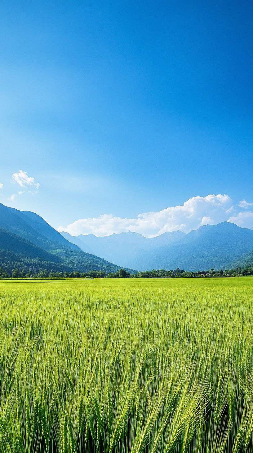 Green wheat field, mountains in the distance, blue sky, wallpaper category high quality images, HD photography cell phone wallpapers, ultra high definition images,.. --ar 9:16 --v 6.1 --stylize 100 --fast