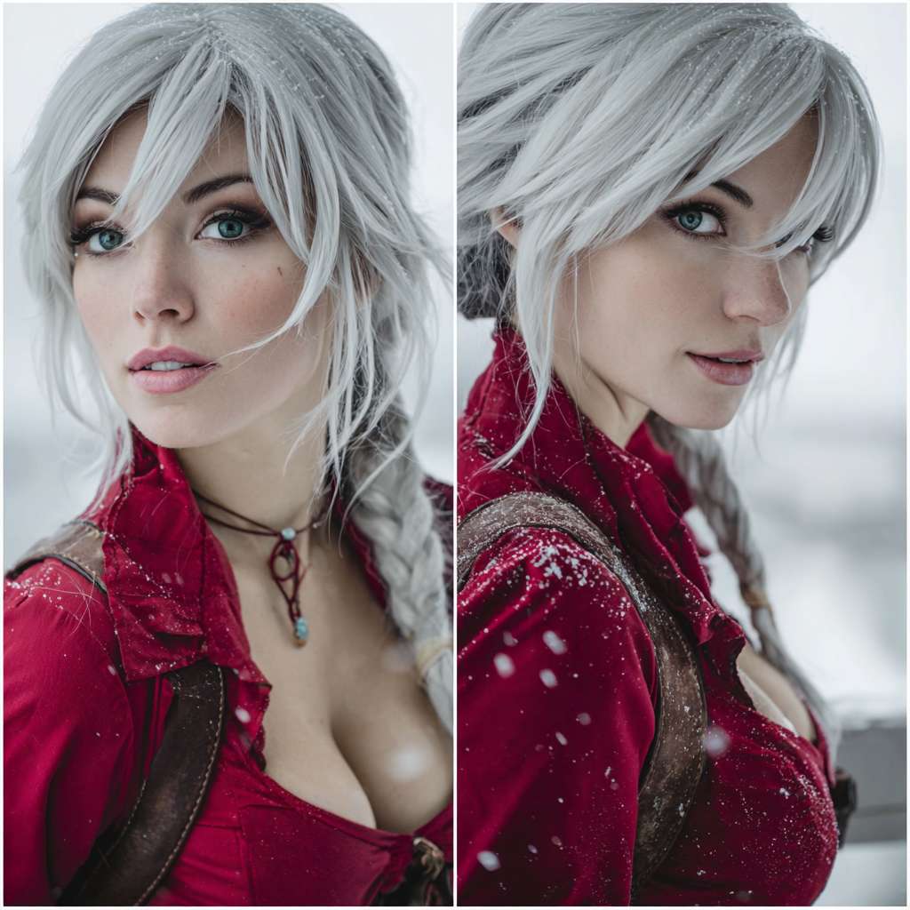 cosplay美女，最终幻想，脸部特写，雪纺上衣，下雪天 --ar 1:1 --v 7 --stylize 100 --fast --no 水印