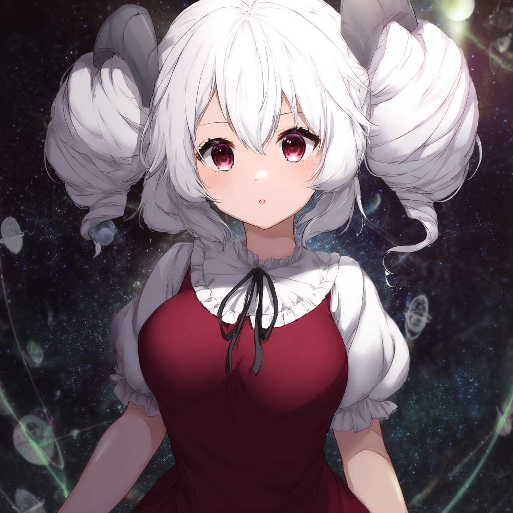 一个二次元少女有着罗马卷双马尾发色是白色，是隐藏的堕天神，掌管时间，她生活在一个有着魔法的世界，她的技能是让自己的眼睛变多个并且漂浮在自己身边 --ar 1:1 --v 7 --stylize 100 --fast --no 水印