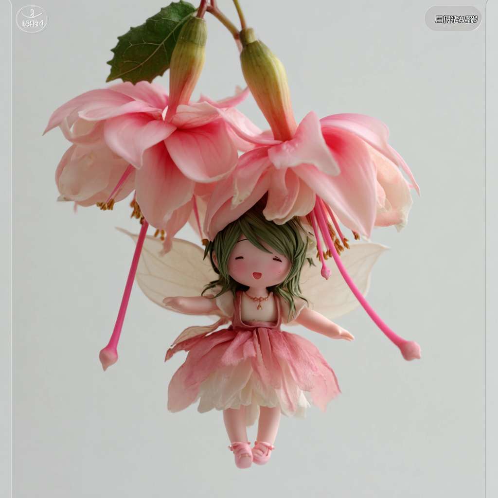 https://img-xpc-mj0.xpccdn.com/prod/upload/b09af563-d2eb-4fad-bfcc-51310aa98986/1755076375737.jpg~tplv-5yakomv5zn-auto-v1%3A1024%3A0%3Aq75.jpg 根据这个图片生成一个超级可爱的女孩IP，模型，盲盒玩具，他头上是花托，一个可爱的倒挂金钟花精灵正在飞起来，他穿着粉色的裙子，绿色的头发，还有翅膀，非常可爱，衣服的下摆是粉和白色的，32K UHD，生动的面部表情，三视图，生成三视图，即前视图、侧视图和后视图，保持一致性和统一性，白色背景，3d渲染，oc渲染，最佳质量。 --ar 1:1 --v 7 --stylize 100 --fast --iw 1 --no 水印
