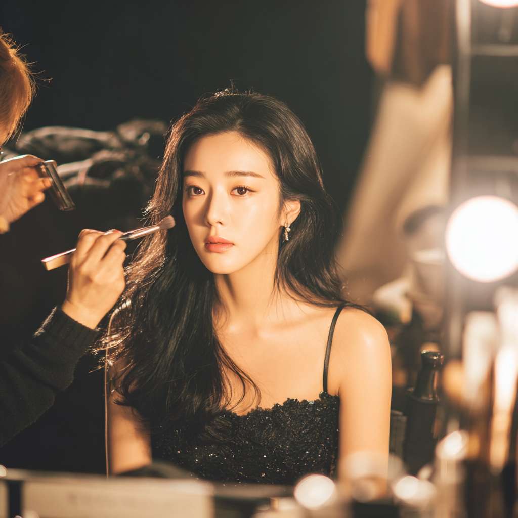 女演员在后台化妆，有化妆师在帮她补粉，她看着一面专业的灯光化妆镜，还有造型师帮她在弄头发，灯光比较暗，画面是一个暖色调 --ar 1:1 --v 7 --stylize 100 --fast --no 水印