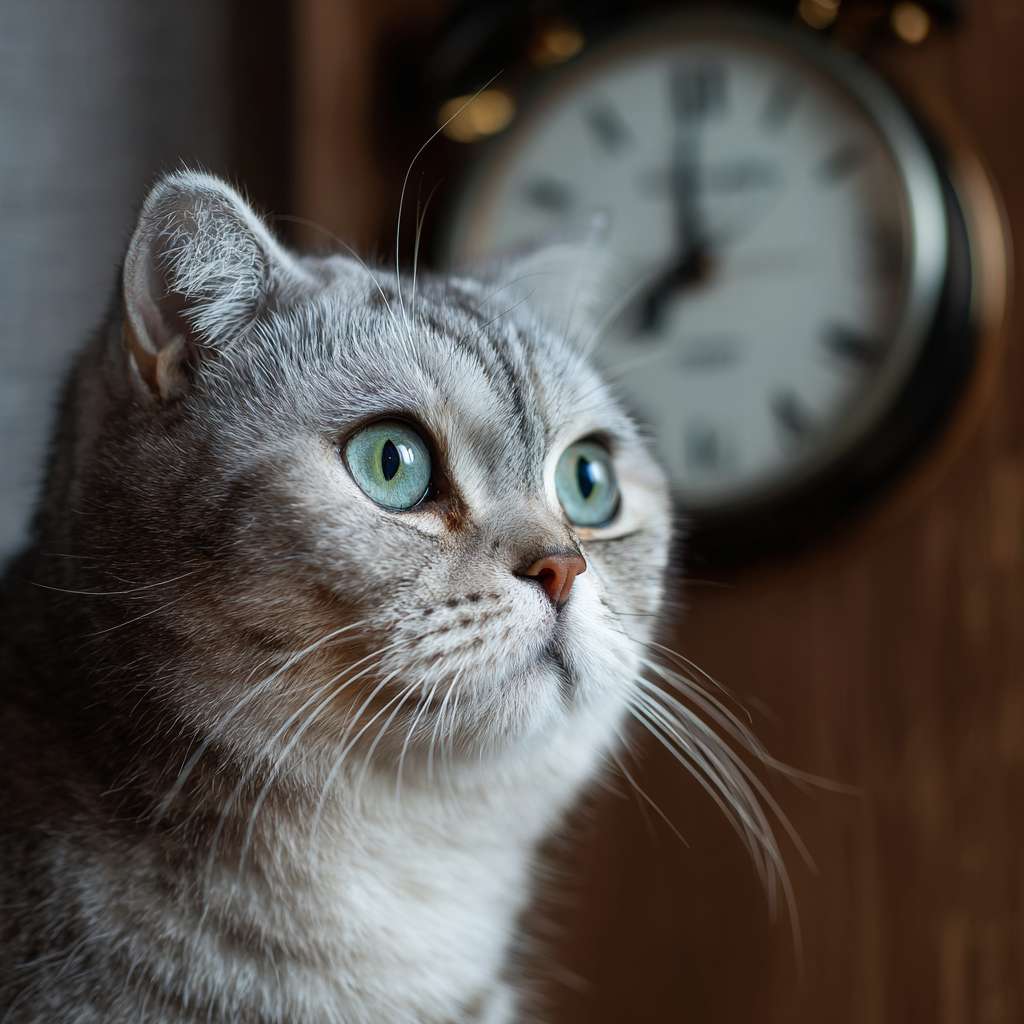 一只布偶猫，眼神呆滞地望着墙上的时钟，时钟指向5点，照片级真实感，4k，细节生动，滑稽可爱 --ar 1:1 --v 7 --stylize 100 --fast --no 水印