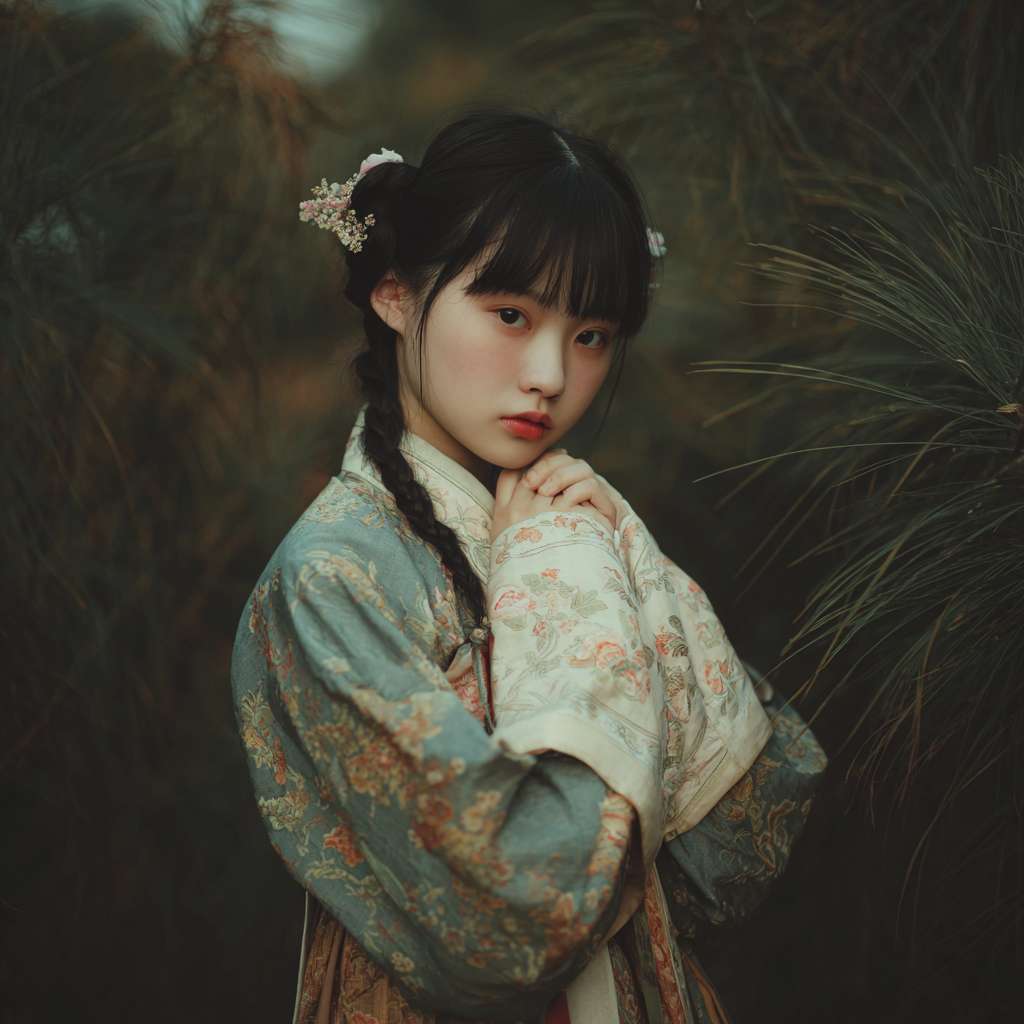 一个古风穿搭的亚洲人拍打肘窝的图片，如果能做成动图最好 --ar 1:1 --v 7 --stylize 100 --fast --no 水印